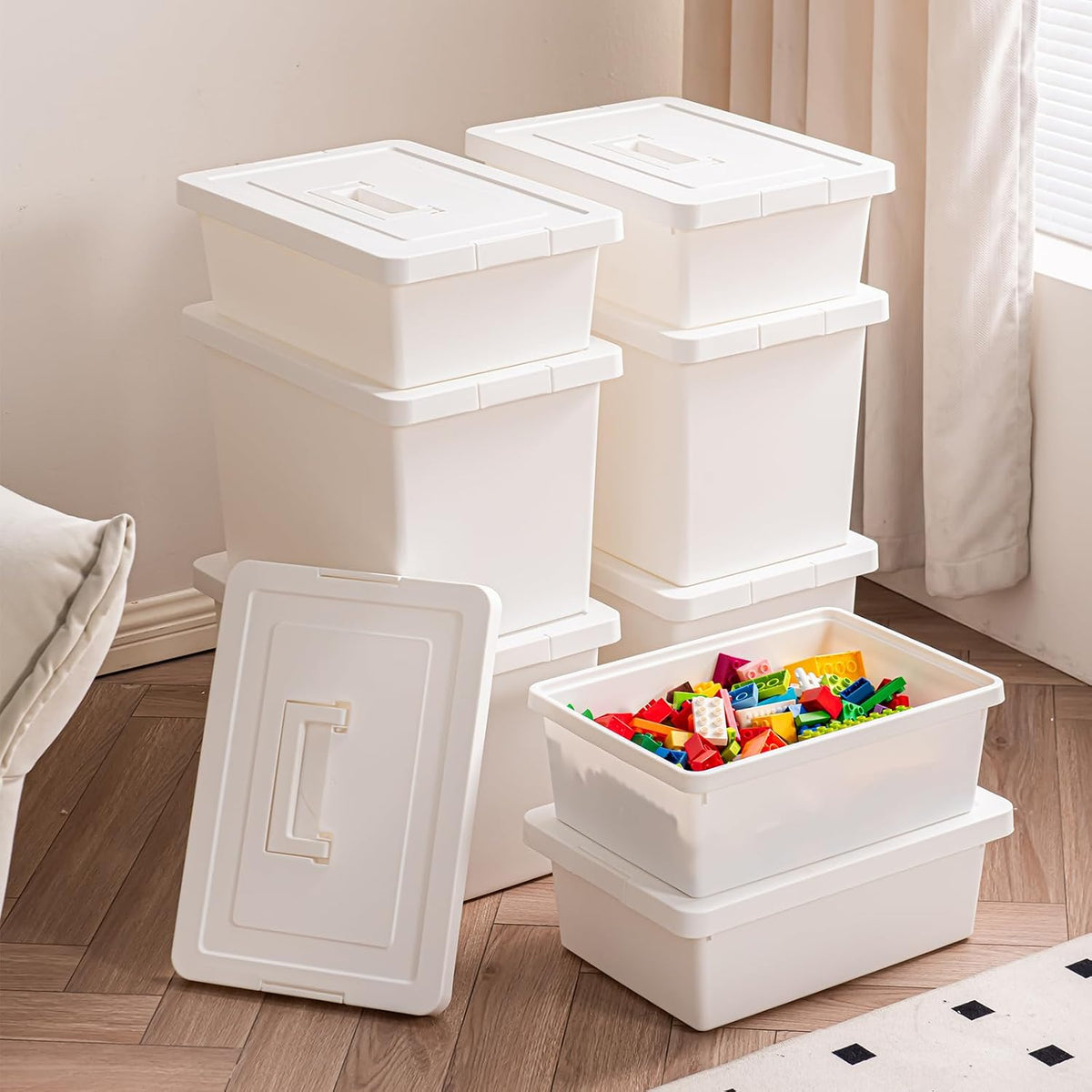 3 Extra Large Storage Bin with 4 Quiet 360° Swivel Casters - 55cm Heavy Duty Organizer with Snap-On Lid, Dust-Proof Moisture-Proof, Stackable Design for Living Room, Bedroom, Study