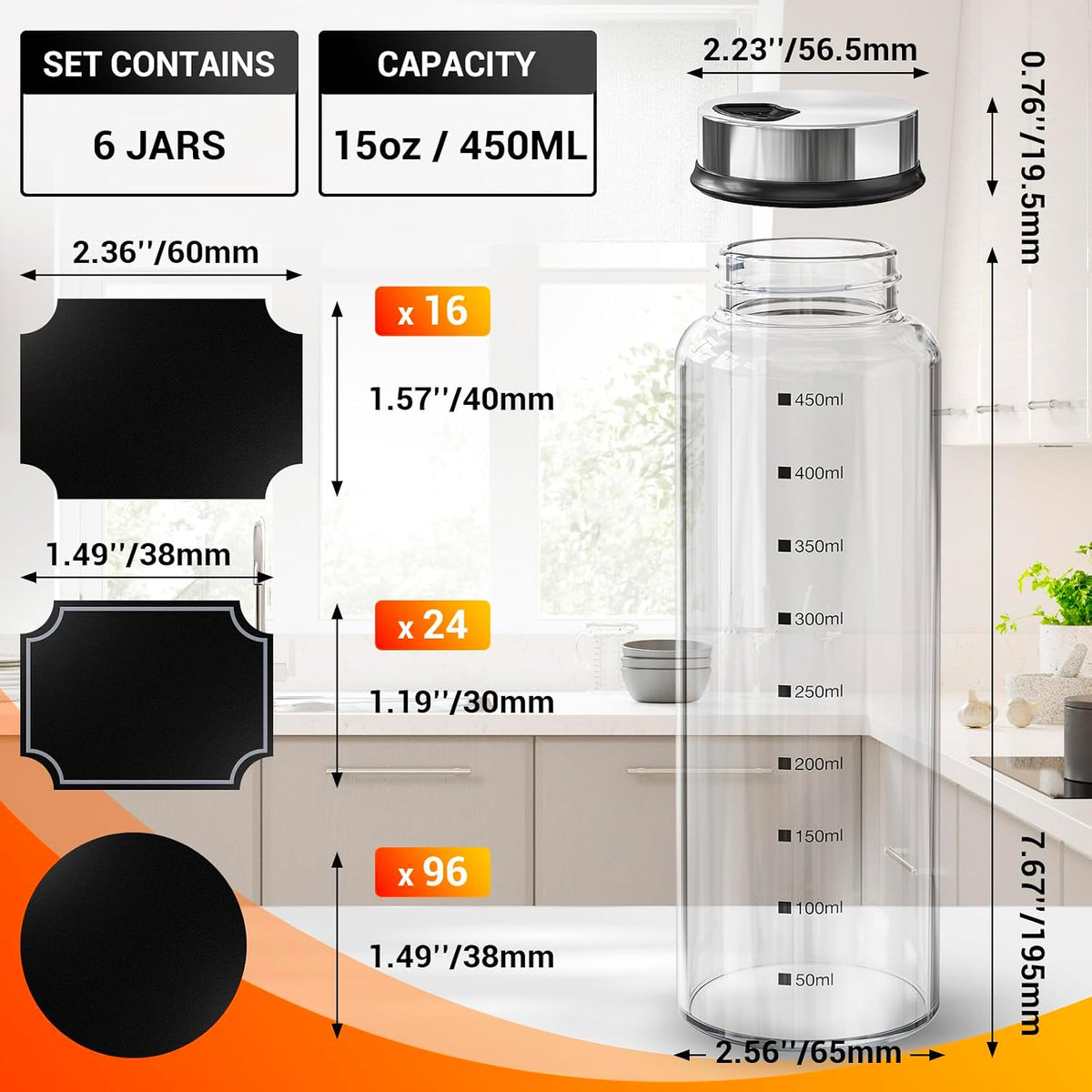 Segarty Spice Jars, 3 oz Spice Bottles with Shaker Lids, Glass Empty Seasoning Containers with Adjustable Pour Holes for Kitchen Spice Storage Stainless Steel Flow Top Salt and Pepper Shakers
