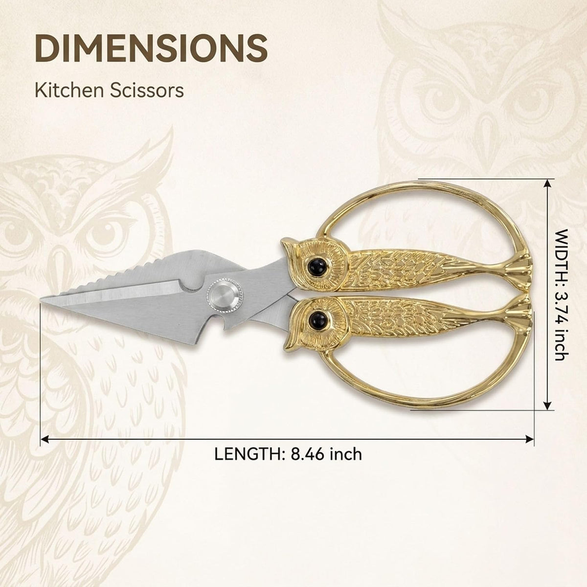 XSNBRD All Purpose Kitchen Scissors, Pearl Gold Stainless Owl Shears.