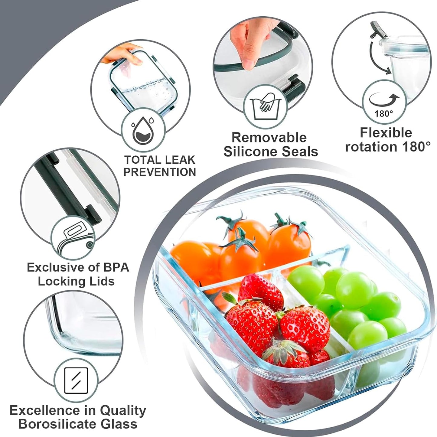 VERONES 5 Pack Glass Meal Prep Containers 3 Compartment Set, 36OZ Airtight Glass Lunch Containers, Glass Food Storage Containers with Lids, for Microwave, Oven, Freezer & Dishwasher Friendly,Green