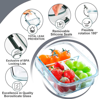 VERONES 5 Pack Glass Meal Prep Containers 3 Compartment Set, 36OZ Airtight Glass Lunch Containers, Glass Food Storage Containers with Lids, for Microwave, Oven, Freezer & Dishwasher Friendly,Green