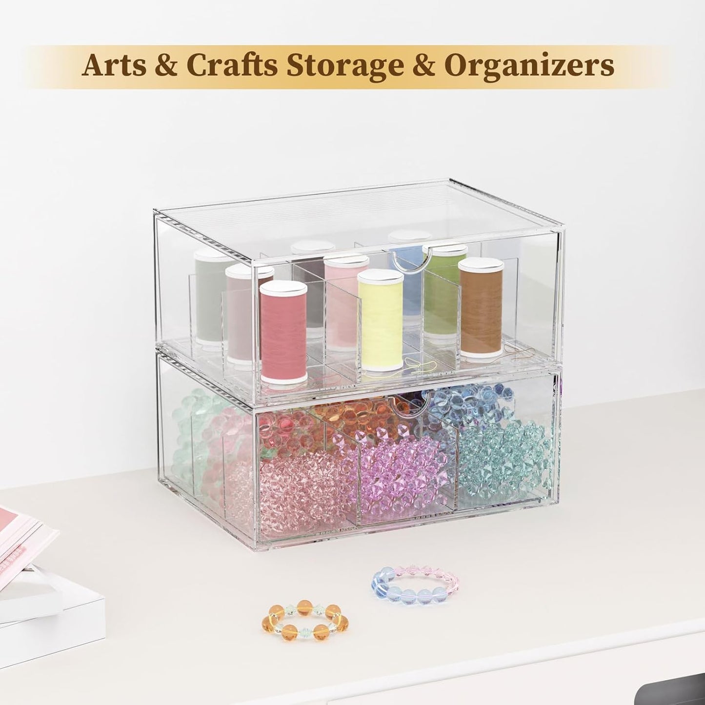 2 Pack Clear Tea Bag Organizer, Stackable Drawer Organizer with Dividers for Pantry Bathroom Vanity Kitchen - Cabinet Countertop Shelf Plastic Storage Bins for Coffee/Makeup/Cosmetic/Crafts/Jewelry