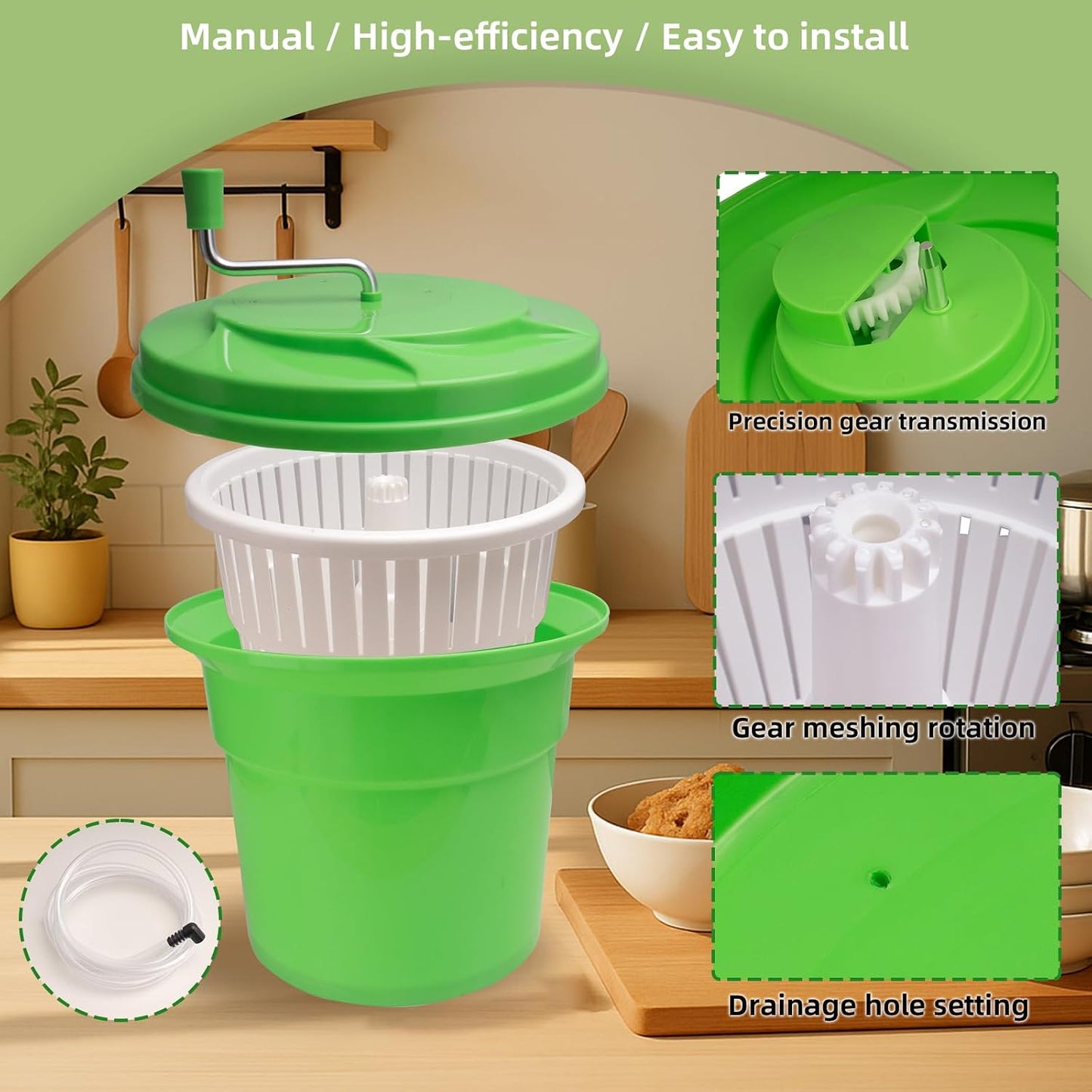 5 Gallon Salad Spinner,Large Capacity Vegetable Friuts Salad Dryer,Commercial Manual Salad Mixer for Restaurants Kitchen & Catering,Green & Orange. (Green, 5 Gallon)