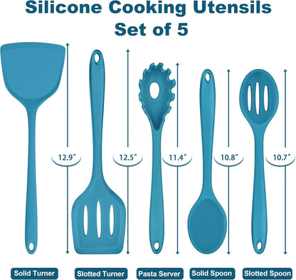 TeamFar Silicone Cooking Utensils Set, 5-Piece Heat Resistant Kitchen Utensils Set, Nonstick Slotted Solid Spoon Turner Pasta Server for Frying, Serving, Mixing, Non-Toxic & Dishwasher Safe, Black