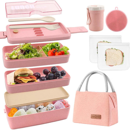 Bento Box Japanese Lunch Box Kit Leakproof Bento Lunch Box for Kids Adults Wheat Straw 3 Layer Stackable Lunch Containers with Compartment Eco-Friendly Meal Prep Containers (Beige)