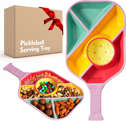 Pickleball Snack Serving Tray - Ceramic Bat Shaped Snack Platter with 5 Compartments & Dip Bowl - Fun Gift for Man & Women, Parties, Father's Day & Pickleball Accessories(Pink)