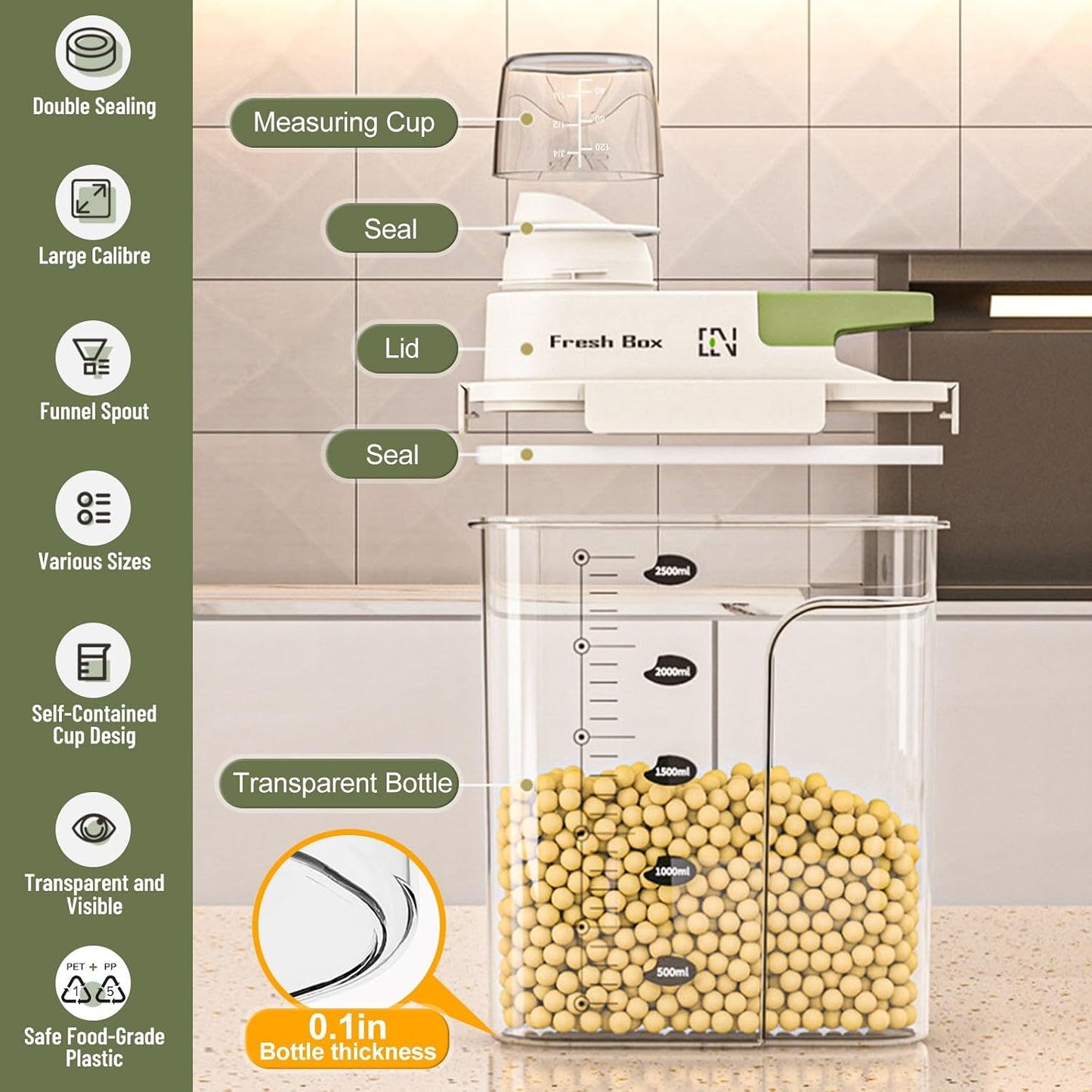 Cereal Storage Container 2Pack,85oz/2.5L Airtight Food Storage Containers With Lids,Organizers Storage With Measuring Cup for Beans,Sugar,Rice,Nuts,Snacks,Dog Cat Pet Food,Candy