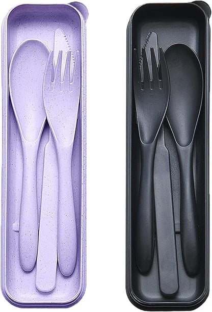 Reusable Travel Utensils Set with Case, 2 Sets Wheat Straw Portable Plastic Fork Spoons Knife Cutlery, Camping Eco-Friendly BPA Free Tableware for Kids Adults Work Picnic or Daily Use (Pink)