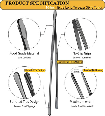 JETKONG 2 Pcs 12-Inch Kitchen Tweezers Fine Tweezer Tongs, Extra-Long Stainless Steel Cooking Tweezers (Silver)