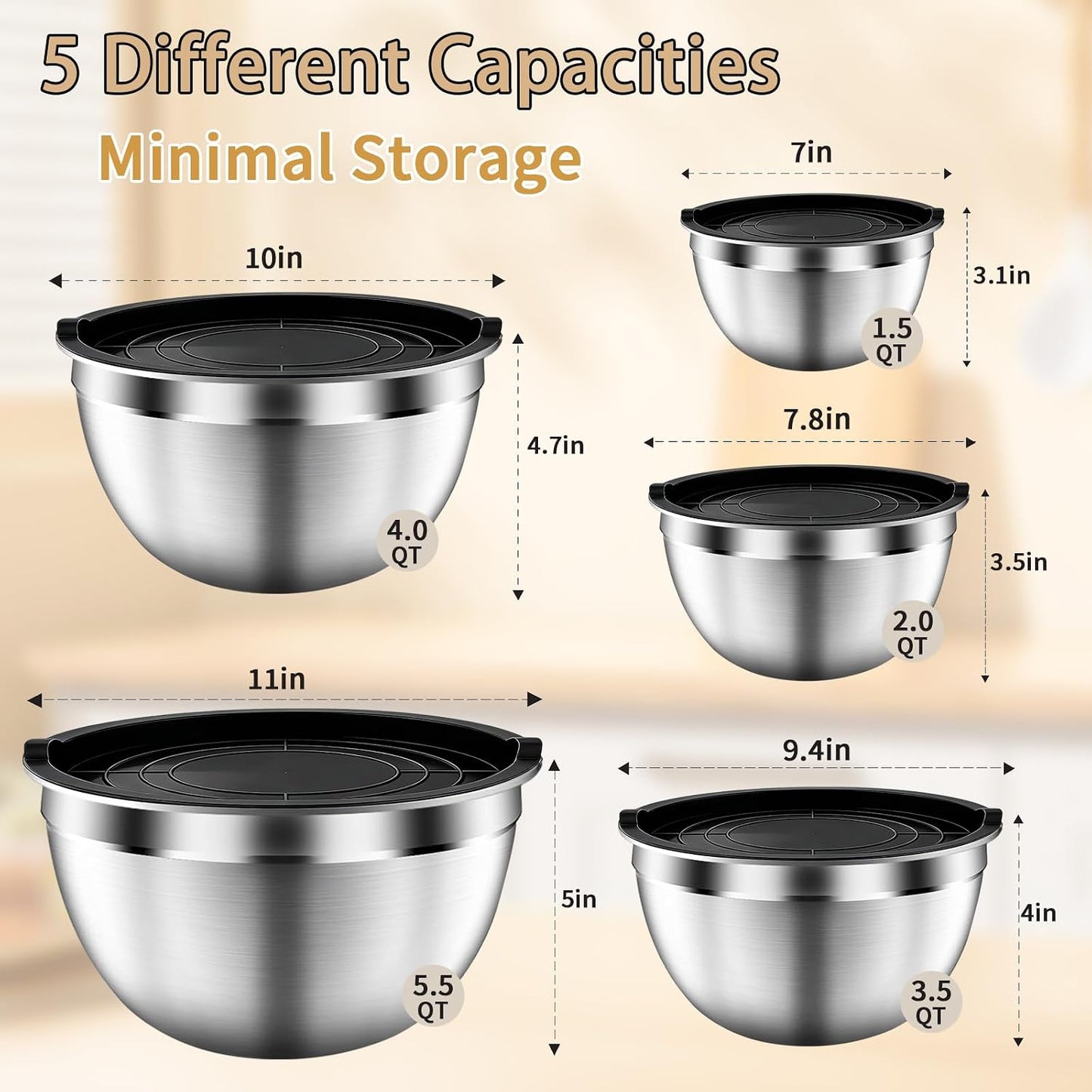 Mixing Bowls with Airtight Lids Set, 5 PCS Stainless Steel Khaki Nesting Bowls for Kitchen, Large Prep Metal Mixing Bowls for Kitchen, 5.5/4/3.5/2/1.5 QT for Mixing & Serving