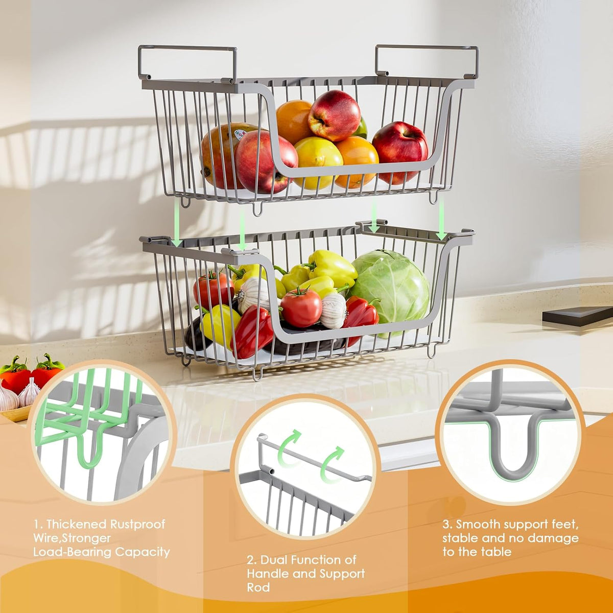 4 Pack Stackable Wire Baskets with Handles for Pantry Organizers and Storage, Fruit and Vegetable wire storage baskets, Potato and Onion Storage Bin, Metal Baskets for Organizing Snacks, Cans (White)