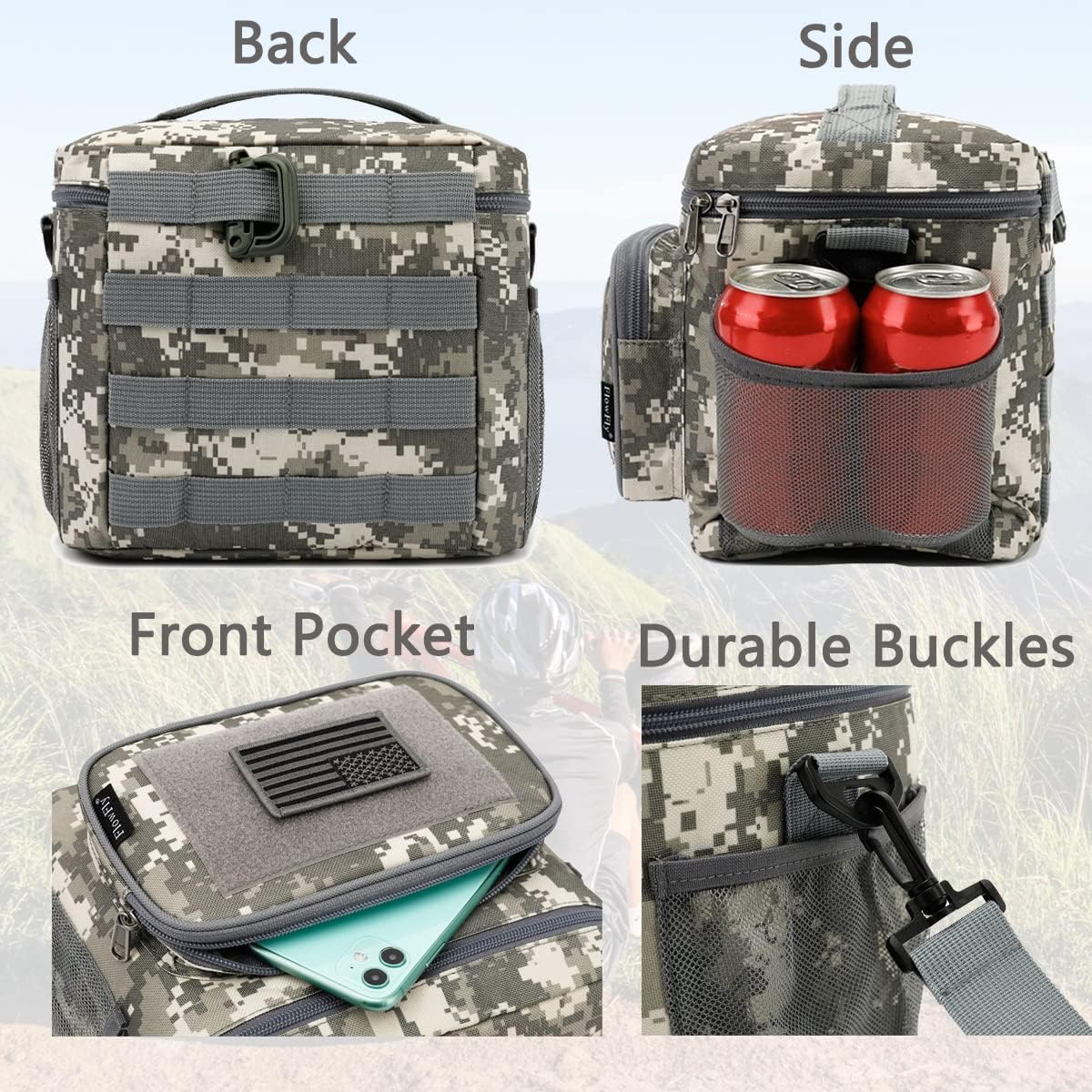 FlowFly Lunch Bag, Insulated Cooler, Thermal Lunch Box Tote with MOLLE/PALS Webbing, Adjustable Padded Shoulder Strap, for Tactical Men Women Adults and Boys Girls Kids (Cyan, Medium)