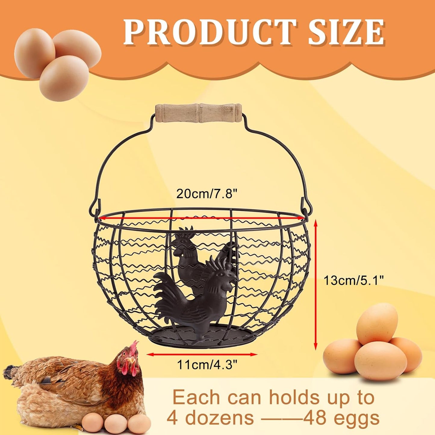 3 PCS 8’’ Farmhouse Egg Collecting Basket with Wood Handle, Rustic Metal Wire Chicken Eggs Holder Basket for Countertop Kitchen, Wire Egg Basket Vintage Style, Round, Rooster Pattern