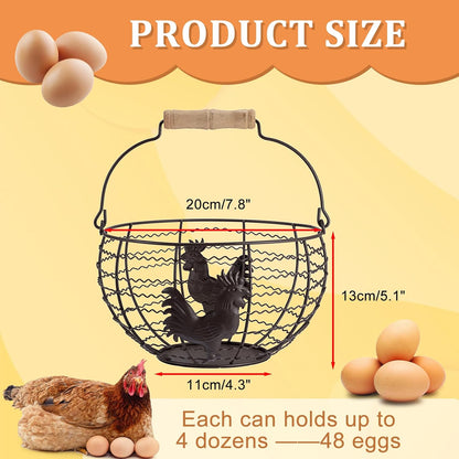 3 PCS 8’’ Farmhouse Egg Collecting Basket with Wood Handle, Rustic Metal Wire Chicken Eggs Holder Basket for Countertop Kitchen, Wire Egg Basket Vintage Style, Round, Rooster Pattern