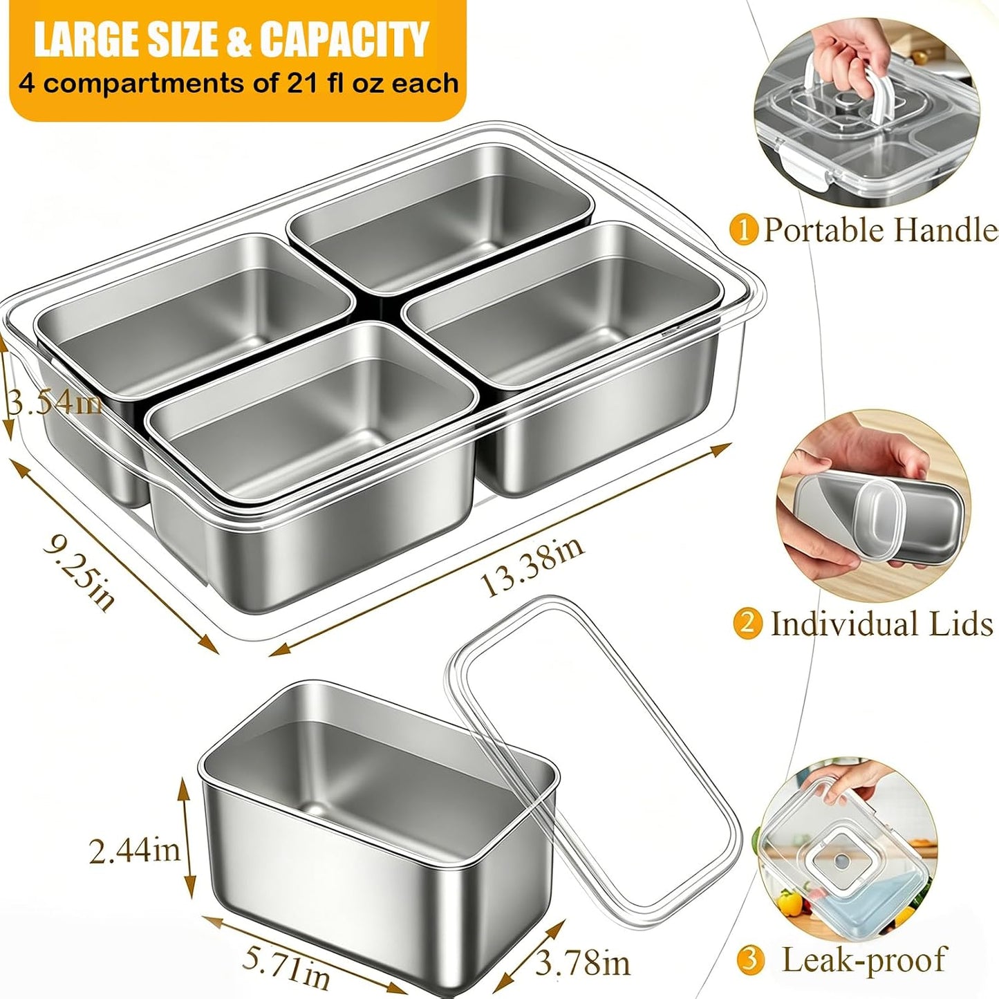 Snackle Box Container, Stainless Steel Divided Serving Tray with Lid and Handle, Large Snack Tray for Fruit Veggie Candy, 8-Compartment Snack Platter for Travel Party Beach Picnic