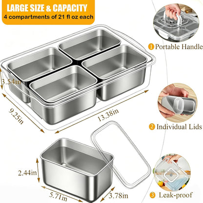 Snackle Box Container, Stainless Steel Divided Serving Tray with Lid and Handle, Large Snack Tray for Fruit Veggie Candy, 8-Compartment Snack Platter for Travel Party Beach Picnic