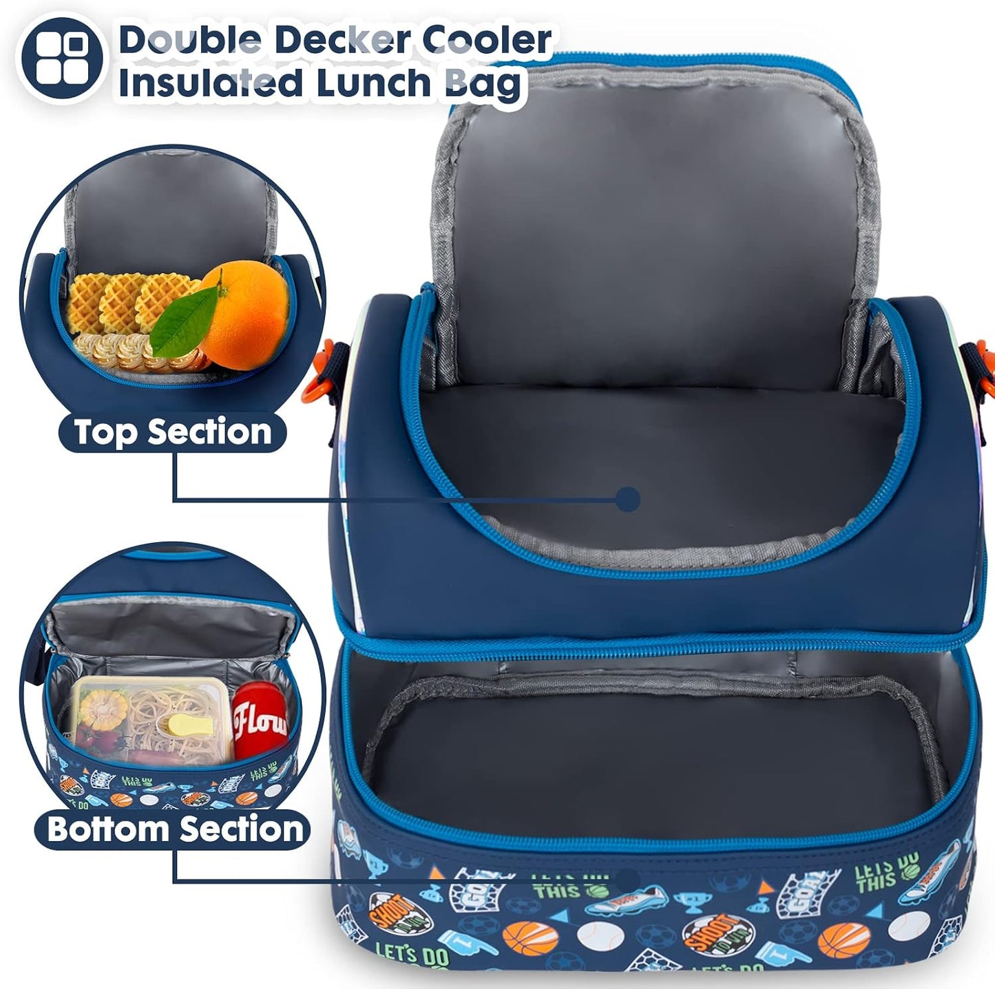 Kids Double Decker Cooler Insulated Lunch Bag, Back to School Large Meal Tote for Boys, Girls, Men, Women, with Adjustable Strap, Soccer