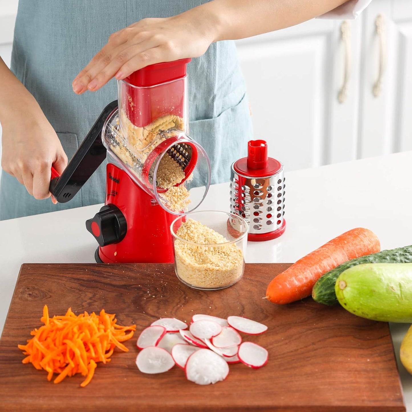 Geedel Rotary Cheese Grater, Kitchen Mandoline Vegetable Slicer with 3 Interchangeable Blades, Easy to Clean Rotary Grater Slicer for Cheese, Vegetables, Nuts