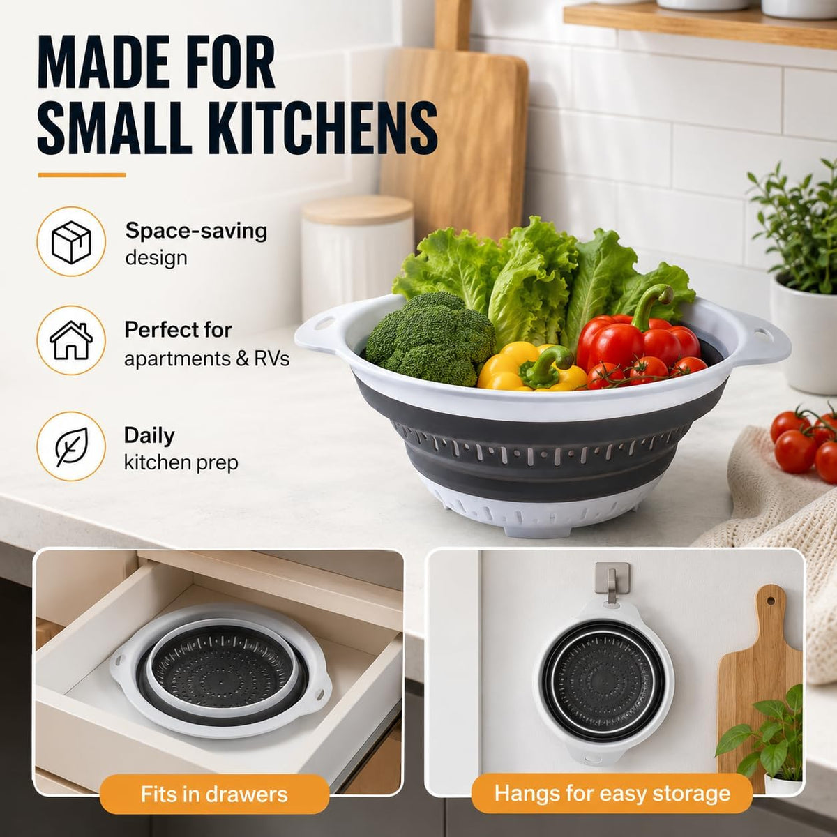 Collapsible Colander & Strainer, Space-Saving Silicone Basket, Round