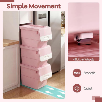 Giantex Plastic Stackable Storage Bins with Lids & Wheels, 3 Pack Open Front Stacking Bins, Organizer Bins for Pantry, Kitchen, Laundry, Closet, Playroom, Bedroom Organization (12.5 QT)