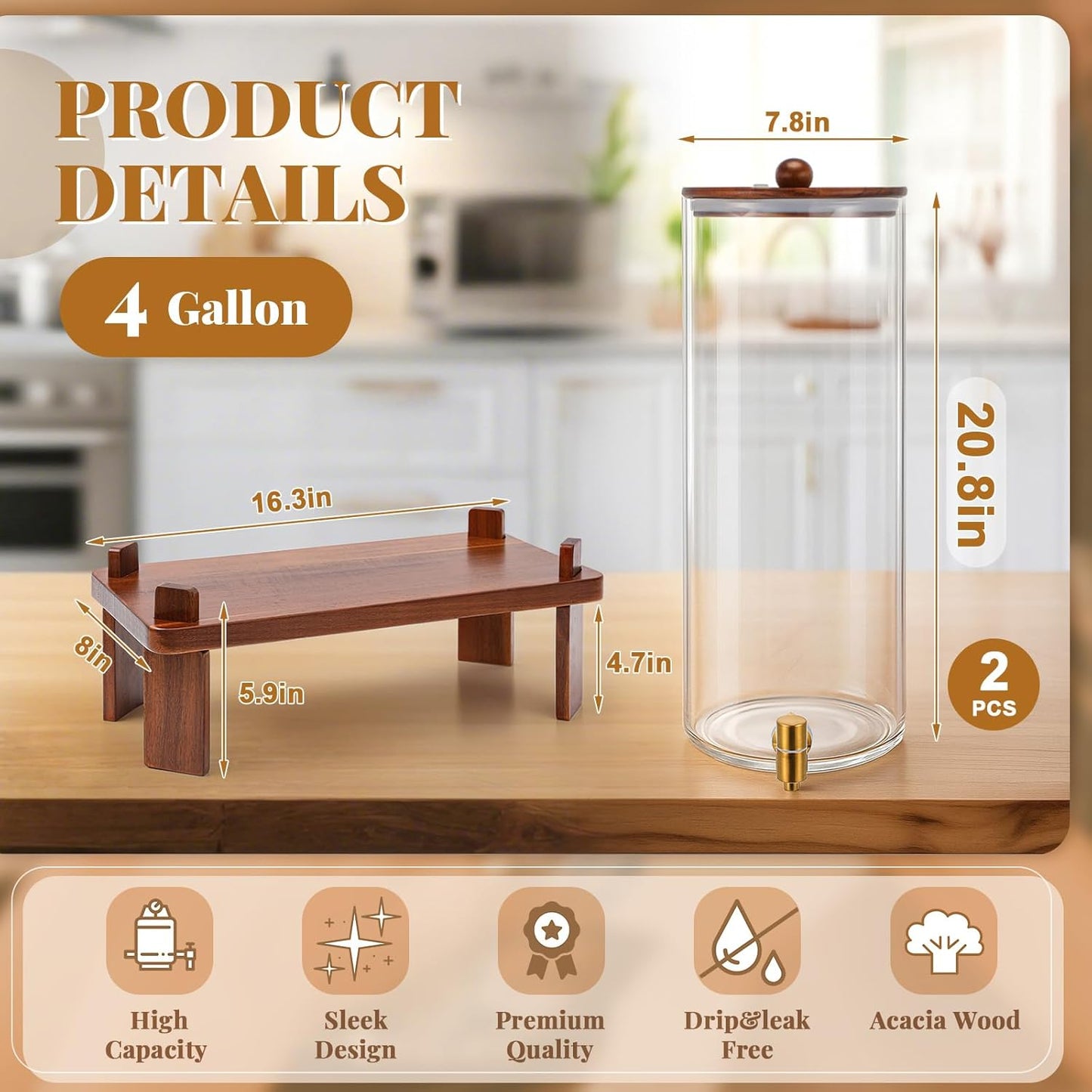 FillTouch 2 Pack 5 Gallon Glass Drink Dispenser with Acacia Wood Stand and Lid, Large Glass Beverage Dispenser with Spigot Perfect for Juice, Tea, Sangria, Lemonade, Weddings, Party, Outdoor Events