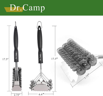 Dr.Camp 2 PCS Stainless Steel BBQ Grill Brush,BBQ Brush,Grill Scraper, Grill Brush for Outdoot,Grill Cleaning Brush, Barbecue Tool Set with Big Handle for Outdoor Grill