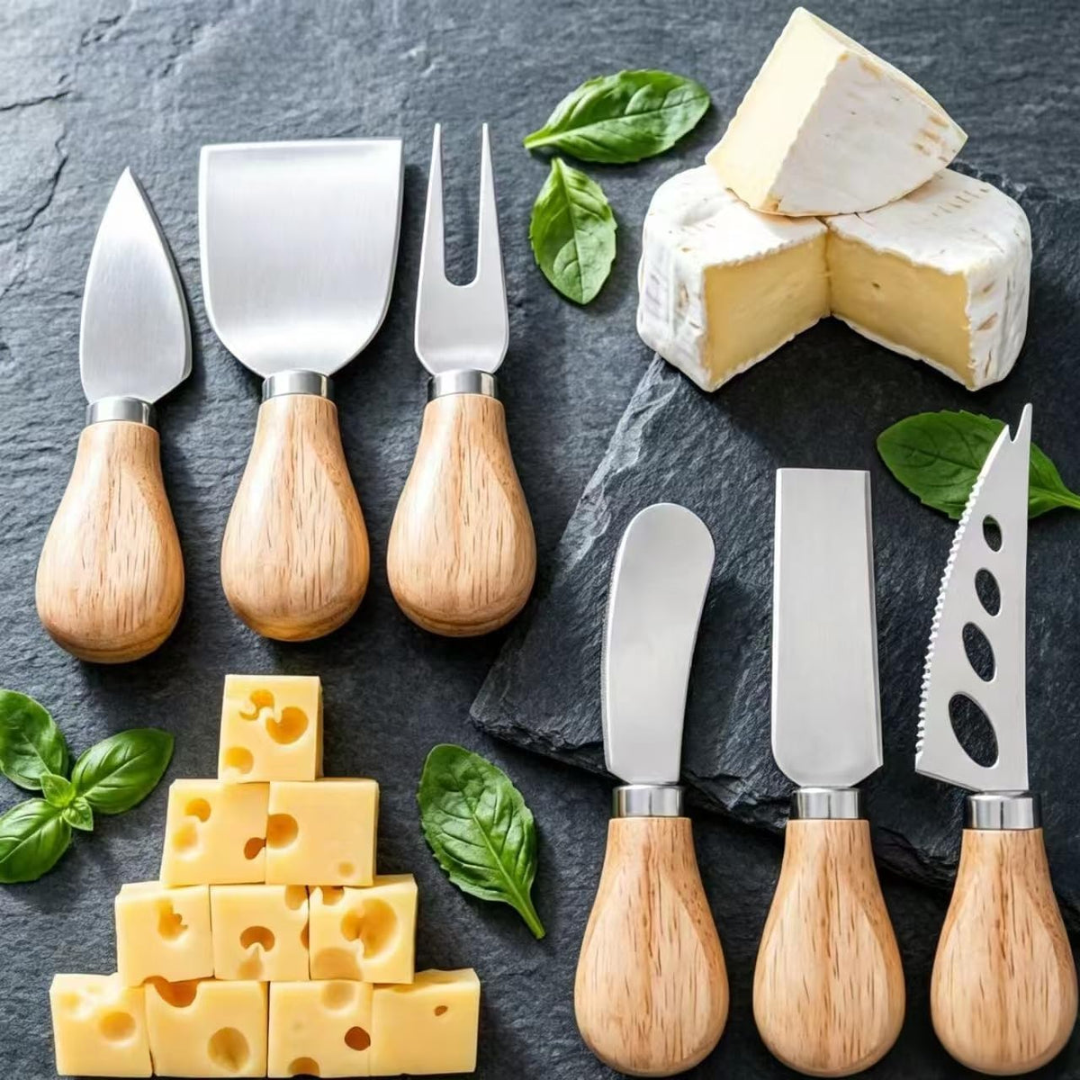 6 Pcs Cheese Knives Set with Wooden Handle, Mini Steel Stainless Cheese knife set for Charcuterie and Cheese spread, Perfect for Cheese Slicer and Butter Cutter