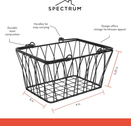 Spectrum Small Wire Basket with Handles Black Farmhouse Basket Organizer for Kitchen Bathroom Laundry Pantry Shelf Organization, Sturdy Twist Wire Metal Basket with Handle for Gifts or Storage