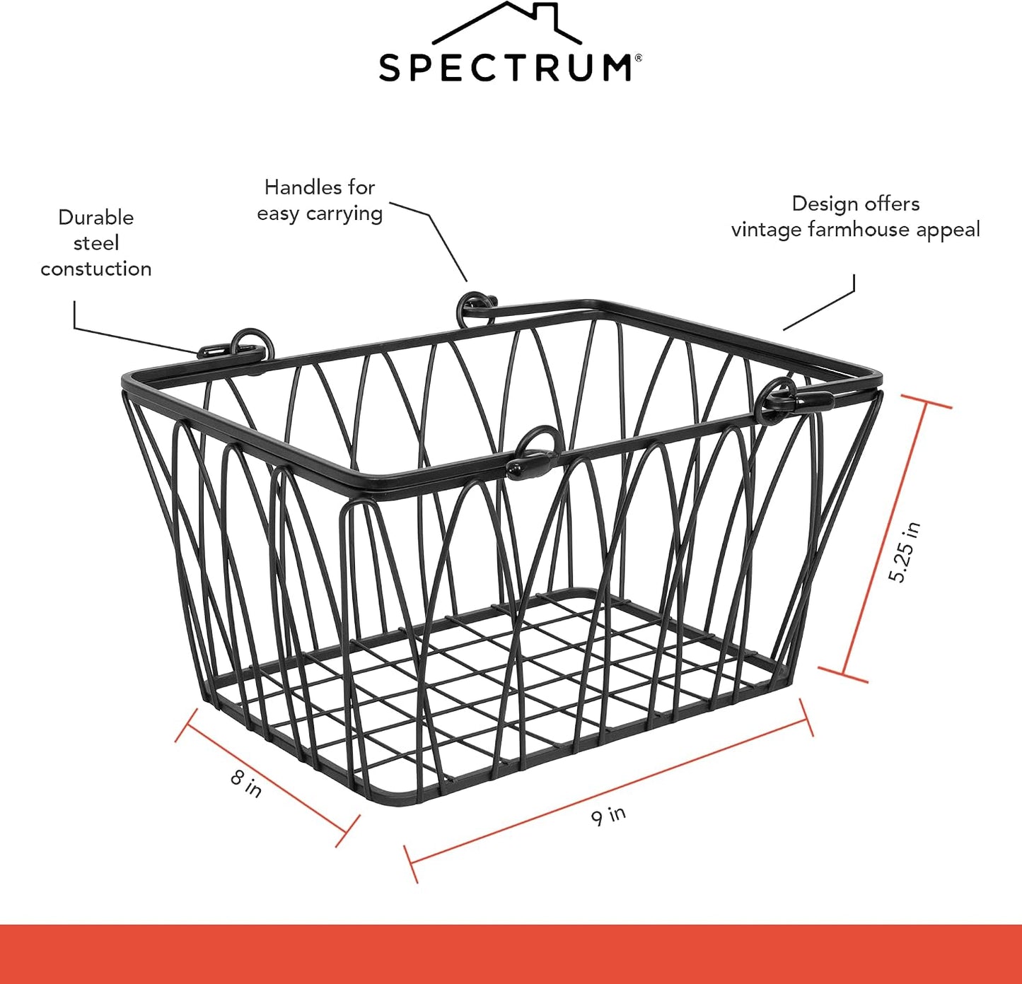 Spectrum Small Wire Basket with Handles Black Farmhouse Basket Organizer for Kitchen Bathroom Laundry Pantry Shelf Organization, Sturdy Twist Wire Metal Basket with Handle for Gifts or Storage