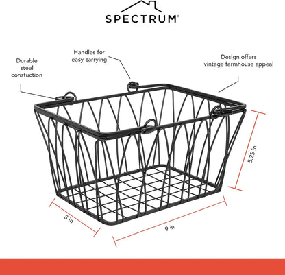 Spectrum Small Wire Basket with Handles Black Farmhouse Basket Organizer for Kitchen Bathroom Laundry Pantry Shelf Organization, Sturdy Twist Wire Metal Basket with Handle for Gifts or Storage