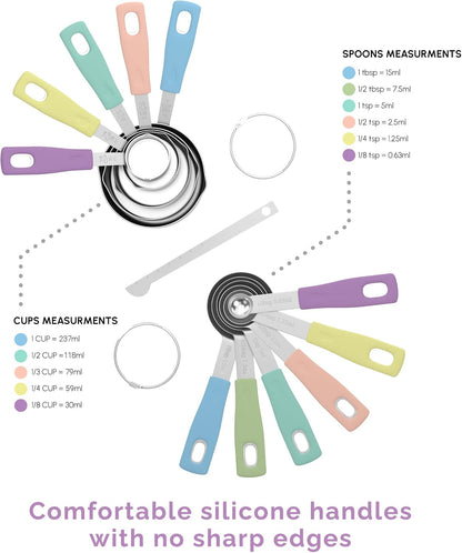 CuttleLab Measuring Cups and Measuring Spoons Set of 14 - Stainless Steel Measuring Cups and Spoons Set, Includes 1/8 Teaspoon Measuring Spoon, 1/8 Cup Measuring Cup, Leveler Dry (14, Country Chic)
