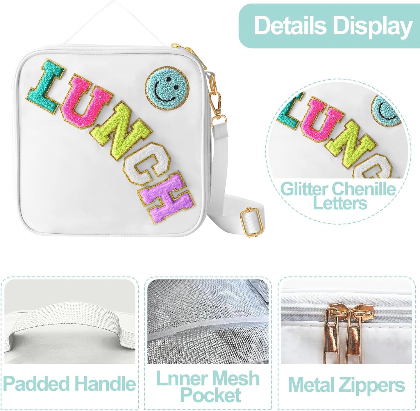 Insulated Lunch Bag With Adjustable Shoulder Strap, Nylon Preppy Lunch Box Large Insulated Lunch Bag Reusable Lunch Tote Bag with Smiley Preppy LunchBag for Girls School Travel Picnic (Green)