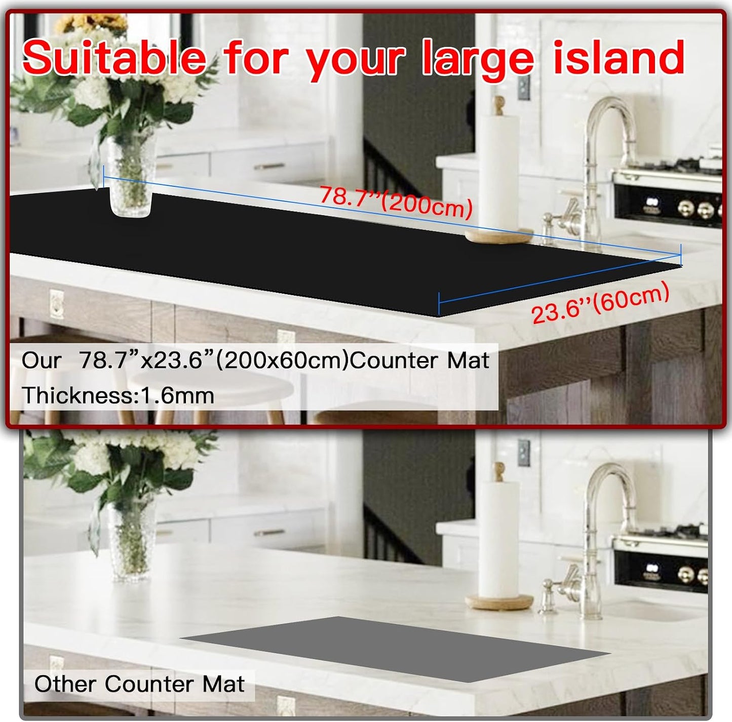 Silicone Mats for Kitchen Counter, 47.3"x23.6"x0.08" Largest Heat Resistant Mat Kitchen Island Waterproof 2MM Thick Countertop Protector Mat Nons-slip Extra Large Counter Mat (Black)