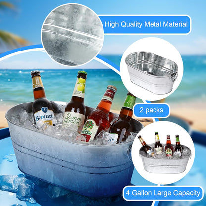 Galvanized Tub Beverage Tubs, 2pcs Metal Ice Buckets for Cocktail Bar 3 Gallon Wine Beer Drink Buckets with Handles Large Tub Cooler Mimosa Bar Supplies Ice Bucket for Parties 15x9.6x6inch (Black)