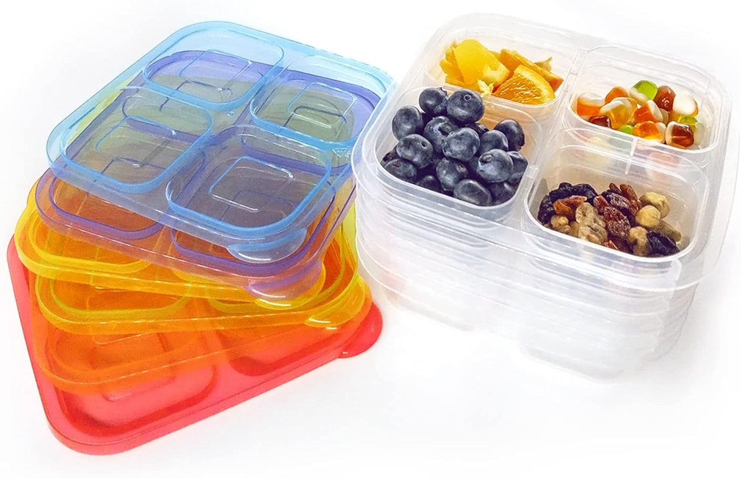 Finorder 6 Pack 4-Compartment Snack Containers, Reusable Food Containers for Kids School, Adults Office, Picnic Trip, Lunch Bento Box Meal Prep Containers (Bright Color Set)