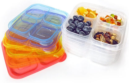 Finorder 6 Pack 4-Compartment Snack Containers, Reusable Food Containers for Kids School, Adults Office, Picnic Trip, Lunch Bento Box Meal Prep Containers (Bright Color Set)
