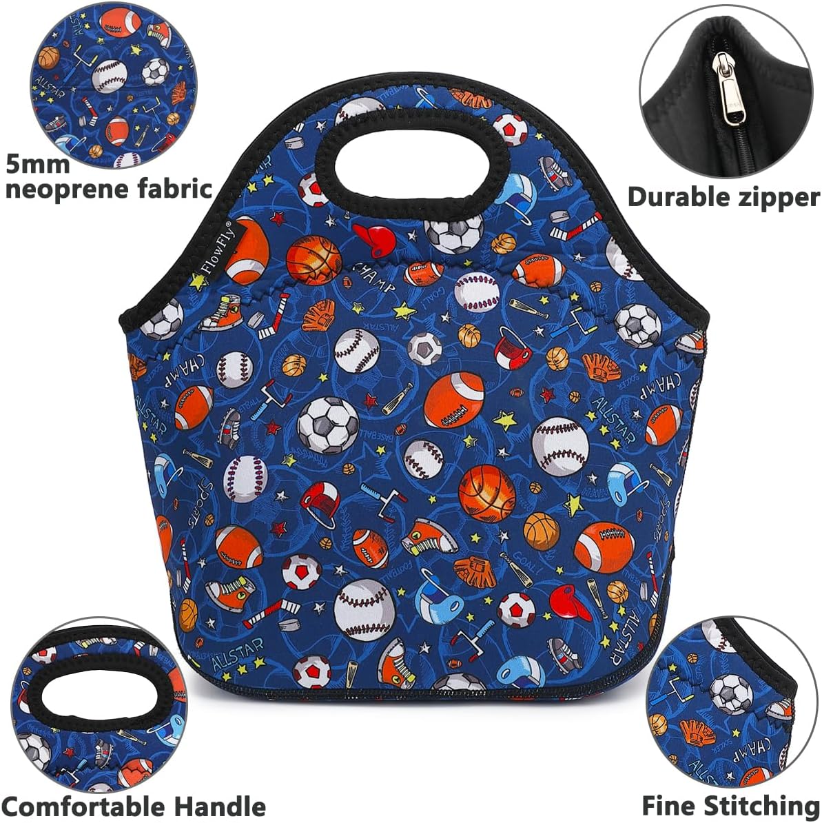 FlowFly Neoprene kids Lunch box Insulated Soft Bag Mini Cooler Thermal Meal Tote Kit for Boys, Girls,Men,Women,School,Work, Office,Black