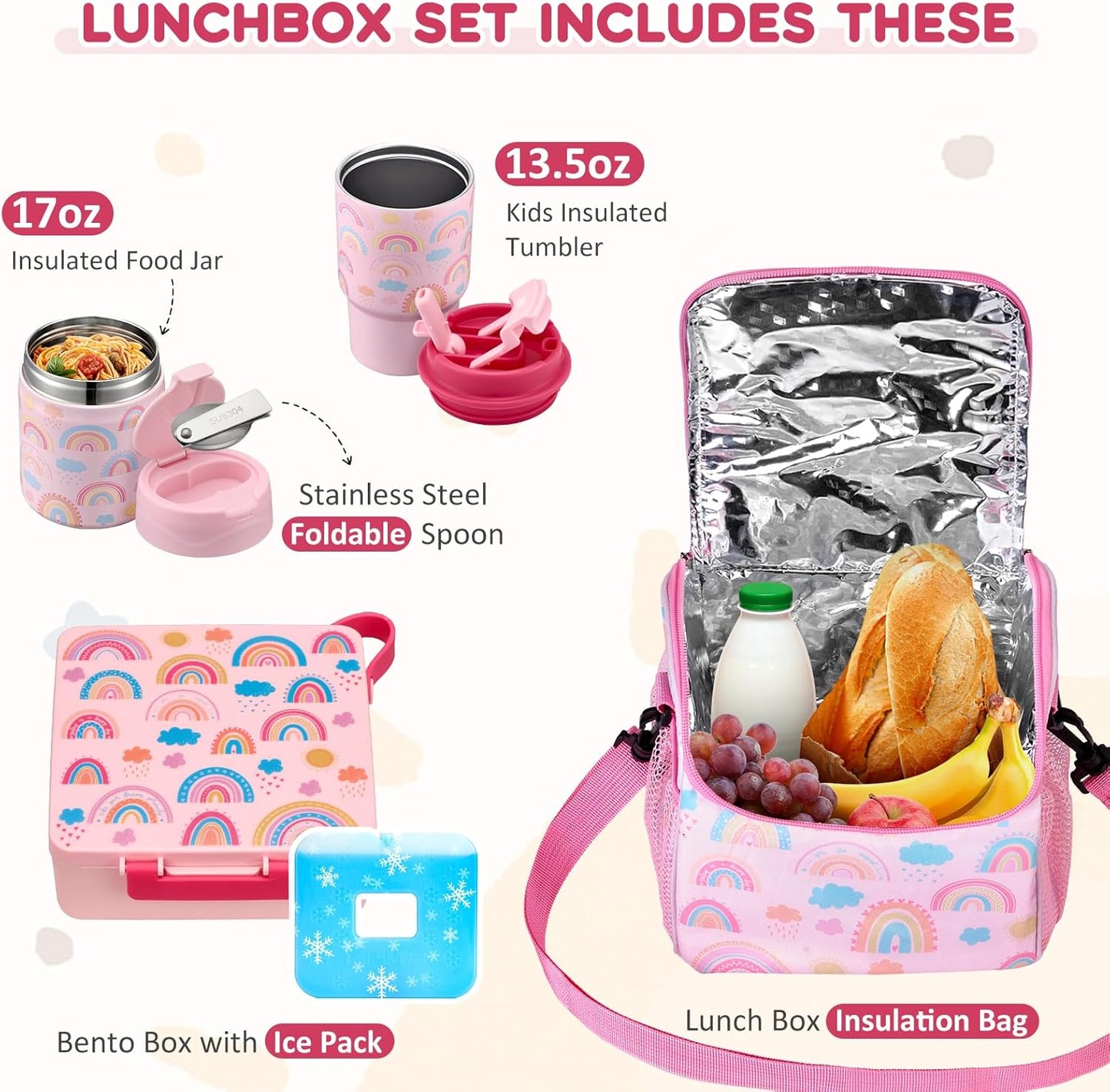 Pawtong Lunch Box Set with Bento Box Container, 17OZ Stainless Steel Food Soup Thermo, Kids Water Bottle & Portable Insulated Lunch Bag, Leakproof, Hot/Cold Retention for School, Travel (Purple-Horse)