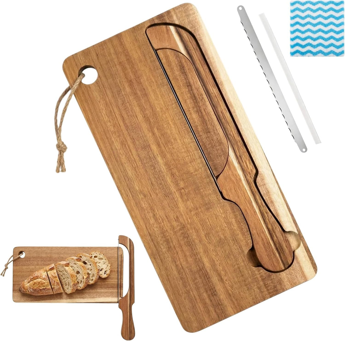 Double-Sided Bread Bow Knife and Board Set with Spare Stainless Blade