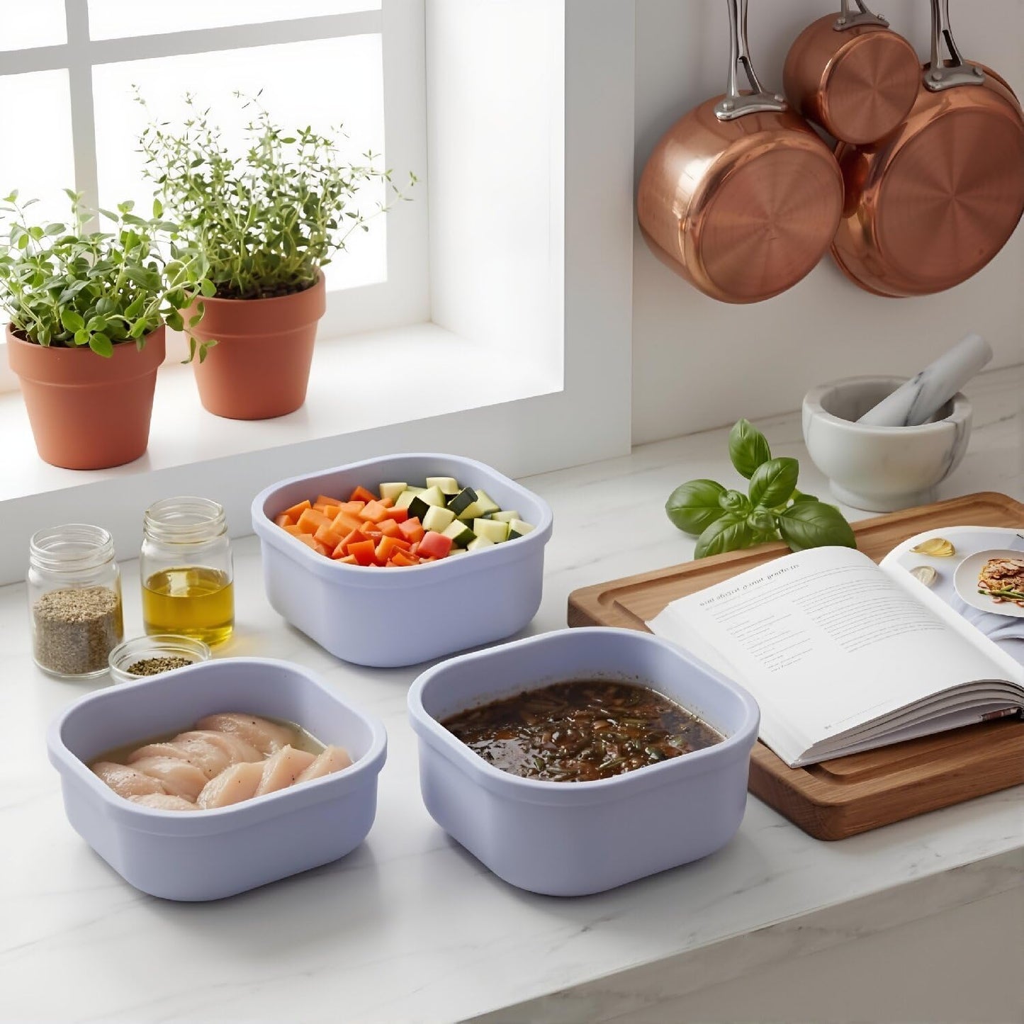 3-Piece Nesting Vented Plastic Food Containers with Lids Airtight Leakproof Meal Prep Containers Set BPA-Free Reusable Silicone Food Containers Lunch Boxes (White)