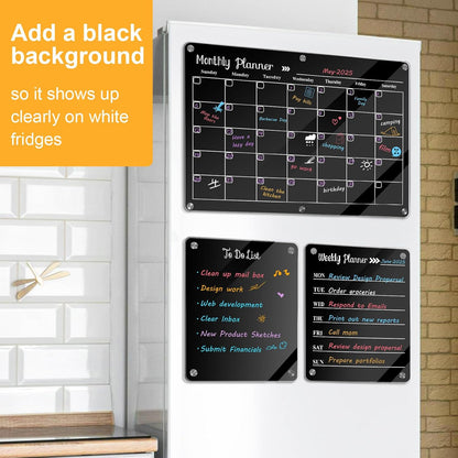 Acrylic Magnetic Dry Erase Board for Fridge, Set of 3 Transparent Monthly & Weekly Planning Boards, Includes 6 Dry Erase Markers, 1 Eraser and Magnetic Pen Holder