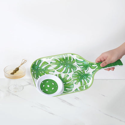 UPware Flamingo Melamine Chip and Dip Snack Tray, Tropical Floral Pickleball Paddle Shape Platter for Chips, Salsa, Fruits, and Appetizers, 15.75 x 8 Inch
