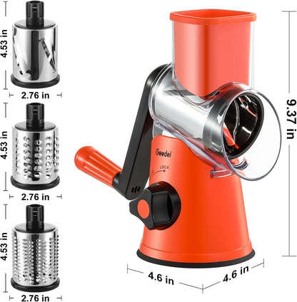 Geedel Rotary Cheese Grater, Kitchen Mandoline Vegetable Slicer with 3 Interchangeable Blades, Easy to Clean Rotary Grater Slicer for Cheese, Vegetables, Nuts