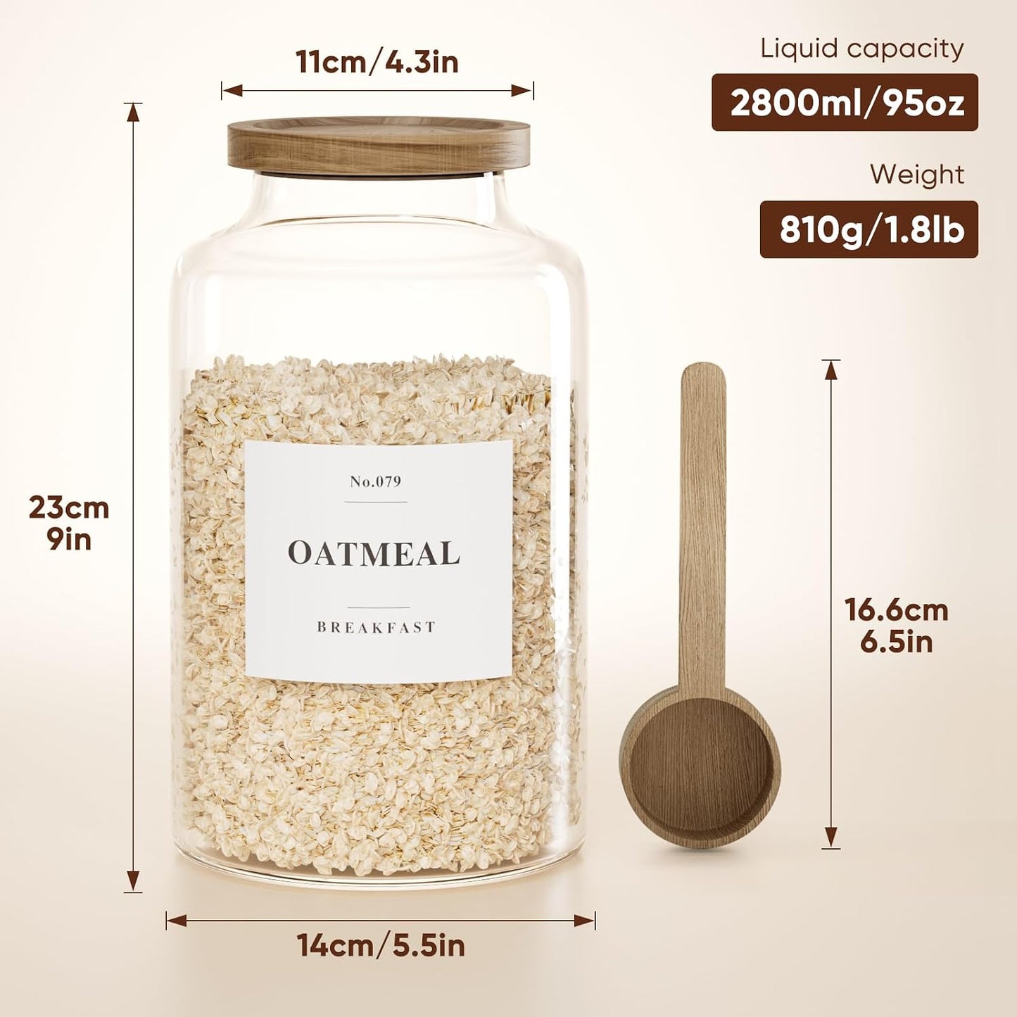 2 PCS Flour Sugar Storage Containers Glass Jar, 4000ml/1 Gallon/4.2 Qt/135oz,Large Glass Food Storage Jars with Wood Airtight Lids,for Tea,Spice,Cereal Rice Flour Pasta Sugar