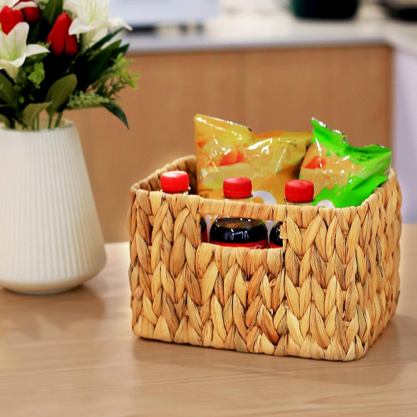 HOONEX Water Hyacinth Storage Baskets, Wicker Baskets for Storage, Hand Woven Baskets with Carry Handles, Set of 2, Natural
