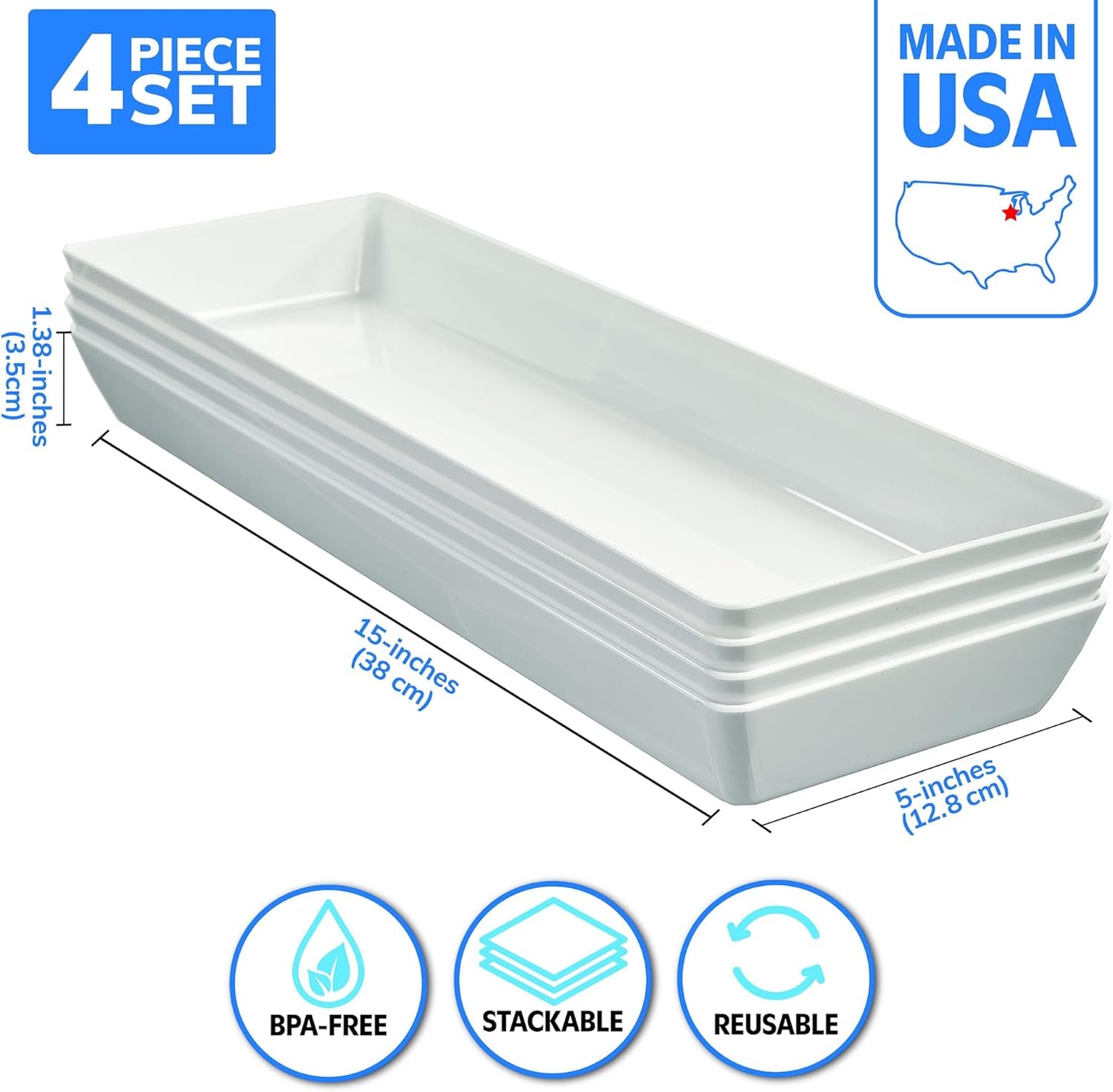 US Acrylic Coastal Plastic Serving Trays (Set of 4) 15” x 10” | Large Unbreakable Reusable Rectangular Party Platters | Serve Appetizers, Fruit, Veggies, & Desserts | BPA-Free & Made in USA