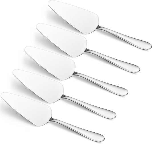 E-far 5-Piece Pie Server, Stainless Steel Cake Server Spatula Cutter for Pastry Cheese Pizza, Serrated Edge with Oval Handle, Mirror Polished & Dishwasher Safe-9 Inch
