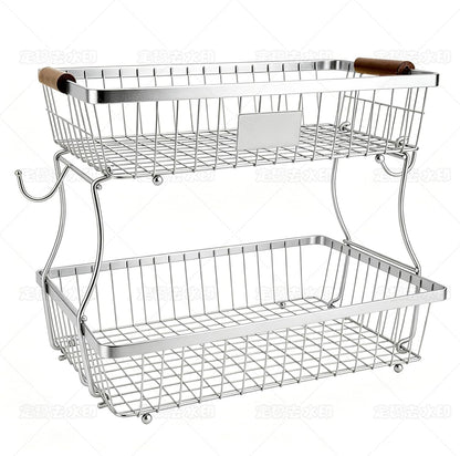 2-Tier Stackable Wire Basket with 2 Banana Hooks, Pantry Organizer for Kitchen Countertops, Cabinets & Under-Sink Spaces; Ideal for Storing Snacks, Fruits, Veggies, Onions, Potatoes, & More,Black