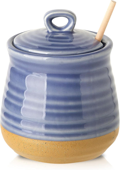 HASENSE Ceramic Honey Pot with Lid, 12 Ounce HoneyJar with Wooden Dipper, Honey Dipper Stick and Jar Set, Cute Small Container for Christmas Thanksgiving Gift, Dishwasher Safe, Blue