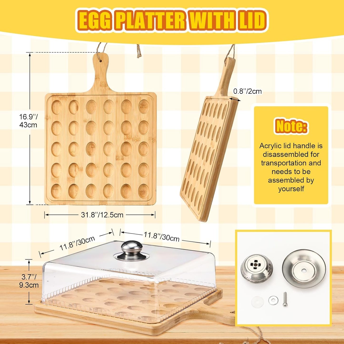 Vercraft Easter Wooden Deviled Egg Platter with Lid and Handle 30 Holes Round Deviled Egg Tray Reversible Charcuterie Board Wooden Serving Tray Containers Holder for Countertop Easter(Bamboo)